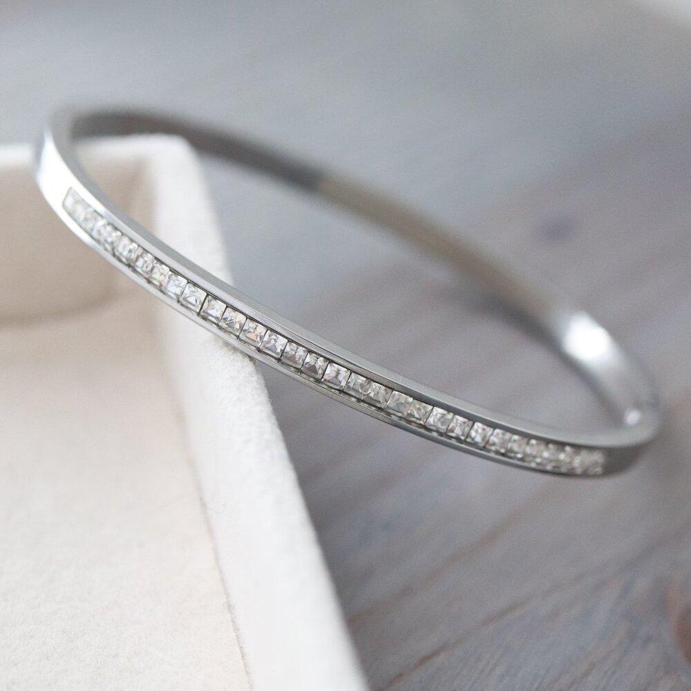 Rhinestone Bangle Bracelet Silver Stainless Steel
